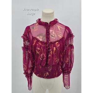 Free People Time For Shine Romantic Sheer Ruffled Smocked-Hem Top